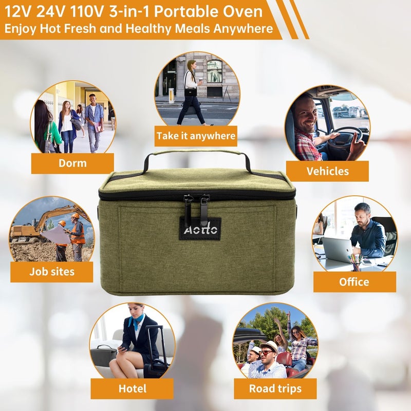 Aotto Portable Oven, Electric Lunch Box Food Heater - 12V/24V/110V 3-in-1 Car Food Warmer - Heated Lunch Box for Adults - Cook, Reheat & Keep Meals Warm for Car, Truck, Travel, Work, Home - Green - Image 5